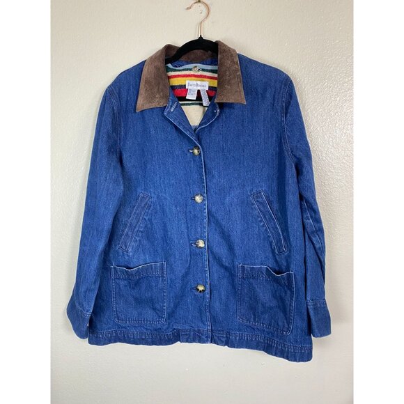 Vtg David Brooks Denim Chore Barn Jacket Suede Collar Womens Large Wool lining - Picture 1 of 16